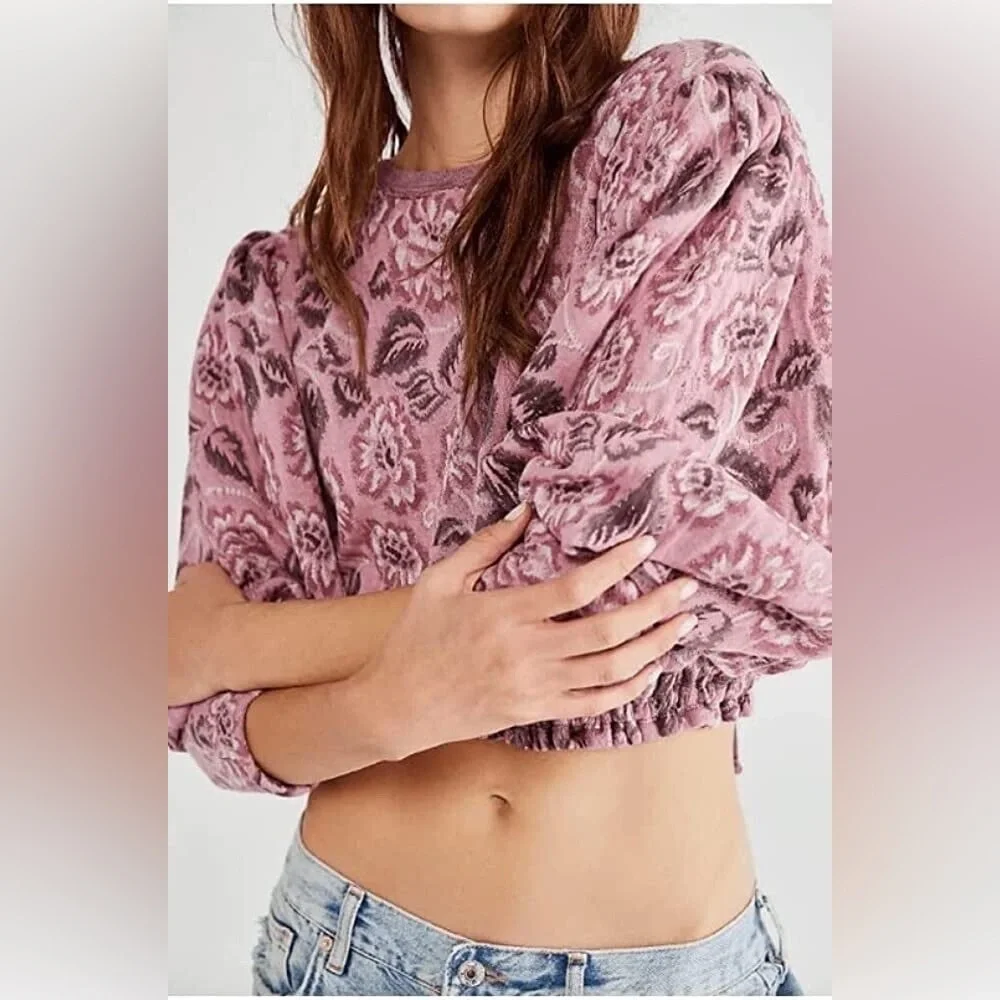 Free People No ordinary Cropped Top Pull Sleeve   Pink Floral Small